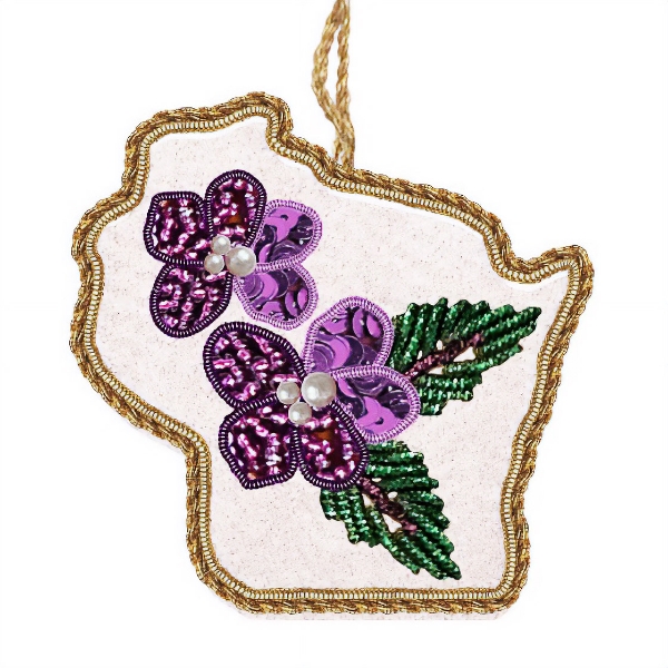 Wisconsin shaped ornament with colorful beadwork and embroidered details.