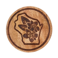 Round wooden coaster with the shape of the state of Wisconsin engraved in dark brown.