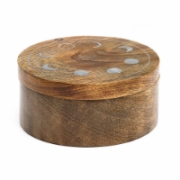 The brown wooden Moon Phase Round Jewelry Box on a blank white background.