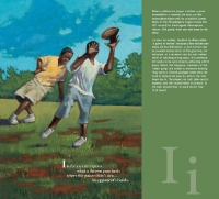 Inner page sample from "T is for Touchdown" with color illustration of football players and some text.