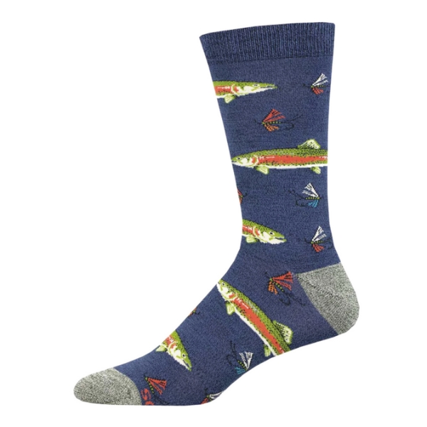 The dark blue Stout Trout Socks on a blank white background