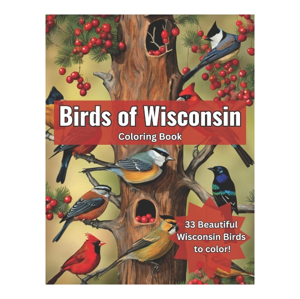 Front cover of "Birds of Wisconsin Coloring Book" with color illustrations of birds in a tree.