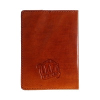 Back of brown leather passport cover with Wisconsin Historical Society Logo.