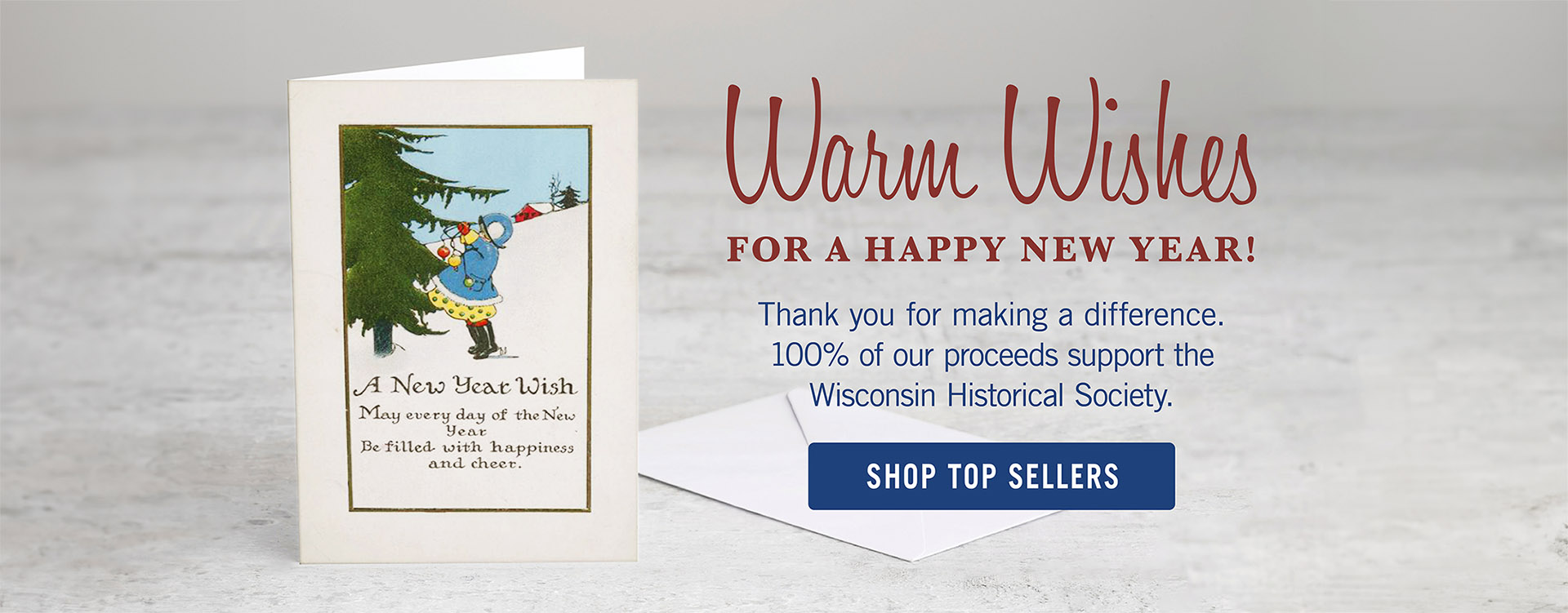 WHS online store banner with "Happy New Year" message and link to "Top Sellers" category. 