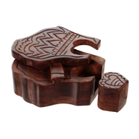 Brown wooden puzzle box in the shape of Wisconsin, shown from a side angle, partially disassembled to show parts. 