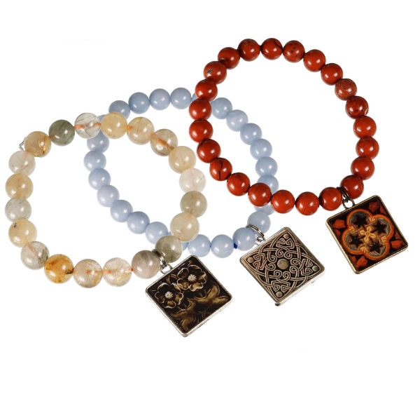 Three beaded "historic tile" bracelets with natural stone beads. 