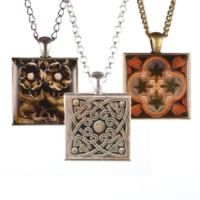 Three necklaces with square "historic tile" pendants.