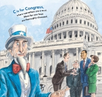 Page sample from children's book, "E is for Everyone! Every Vote and Every Voice" with watercolor illustration of capitol building. 