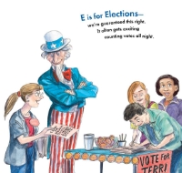 Page sample from children's book, "E is for Everyone! Every Vote and Every Voice" with illustration of children voting.