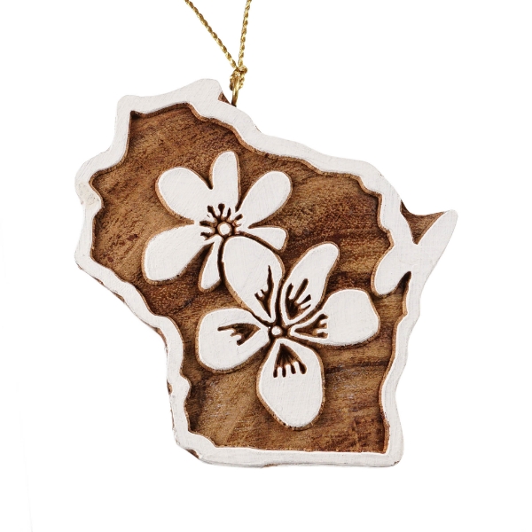 A front view of the wooden Wisconsin shaped ornament outlined in white with painted white wood flowers on a white background.