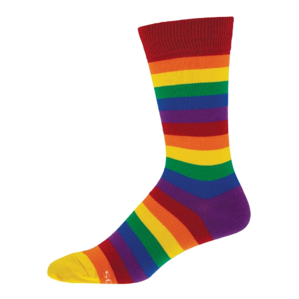 Pride Stripes socks with a purple heel on a blank white background.