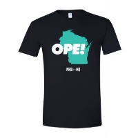 Wisconsin's 2025 National History Day T-shirt with a green silhouette of the state and the word "Ope!"