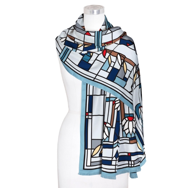 The Frank Lloyd Wright Silk Blend Waterlilies Shawl draped over a mannequin.